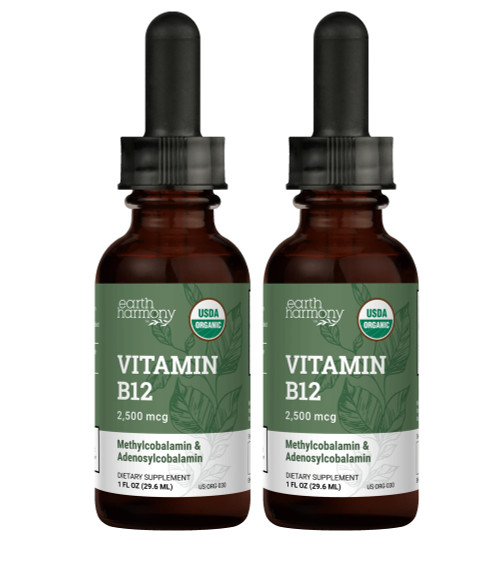 USDA Organic Vitamin B12 2000mcg Sublingual Liquid Supplement (2-Pack) - Vegan Methylcobalamin Drops for Natural Energy, Maintain Metabolism, and Immune System Support - 1 Fl Oz