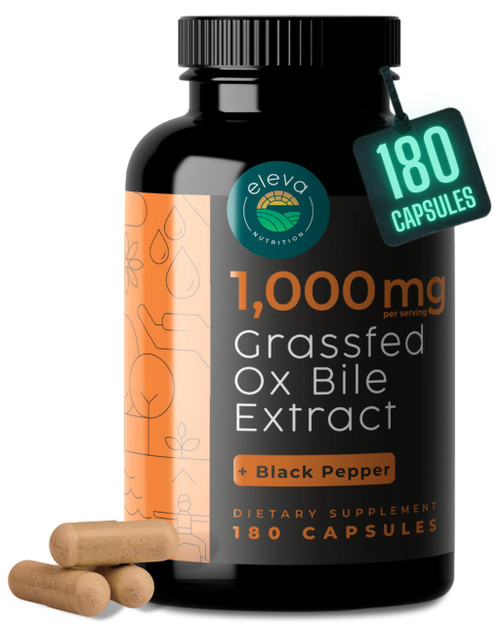 Grass-Fed Ox Bile 1000mg Extract - Digestive Enzymes Support - Ox Bile Salts for No Gallbladder - Supplements with Black Pepper - Supports Digestive Health - Bovine Salts Supplement - 180 Count
