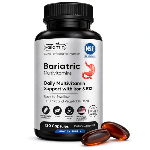Kaitamin Bariatric Multivitamin with Iron – NSF Certified & Eurofins Tested – Post Gastric Bypass & Sleeve Support – B12 & B6 with 42 Superfoods – Easy-Swallow Liquid Caps – 120 Ct, 60-Day Supply