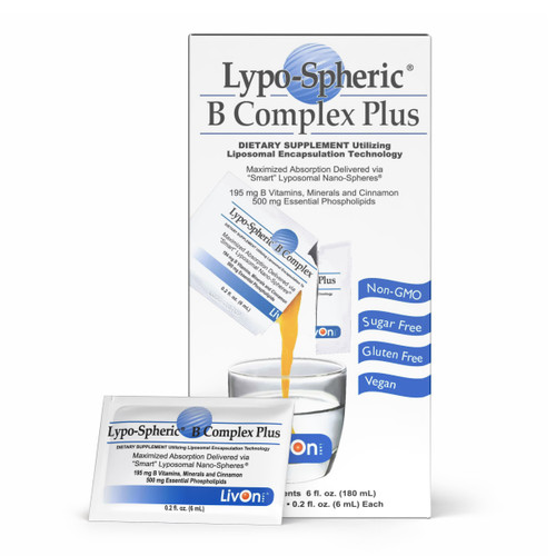 LivOn Laboratories Lypo–Spheric B Complex Plus – 30 Packets – 195 mg B Vitamins, Minerals & Cinnamon Per Packet – Liposome Encapsulated for Improved Absorption – 100% Non–GMO