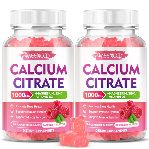 2 Pack Calcium Citrate Gummies 1000mg w/Vitamin D3, High Absorption Calcium Gummies for Women & Men, Plus Magnesium, Potassium, Zinc for Muscle & Immune Support, Raspberry Flavor, 120 Count