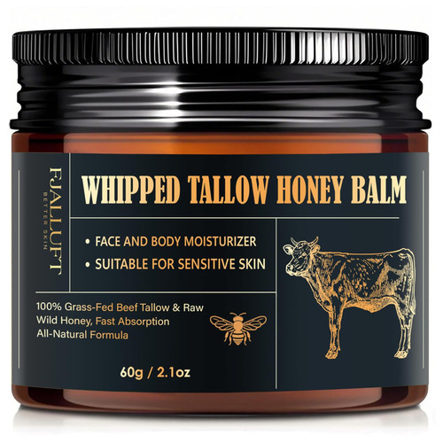 Beef Tallow and Honey Balm Moisturiser, Whipped Grass Fed with Raw Honey and Olive Oil, Anti-Aging Facial Cream, Unscented, (Medium)