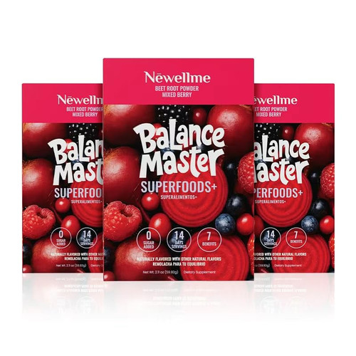 NEWELLME Balance Master Super Reds Powder Stick Packs, Beet Root Drink Mix with Prebiotic Fiber, Probiotics & Enzymes, Nitric Oxide Support, 0 Sugar Added, Mixed Berry, 42 Count