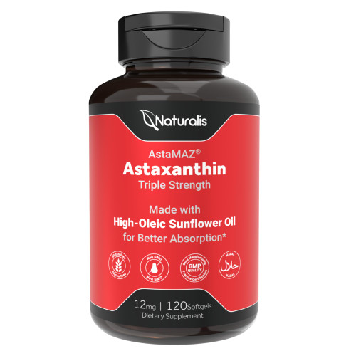 Naturalis New Zealand Astaxanthin (12mg) | Triple Strength with High-Oleic Sunflower Oil | Non-GMO, Soy & Gluten Free | 120 Softgels (4-Month Supply)