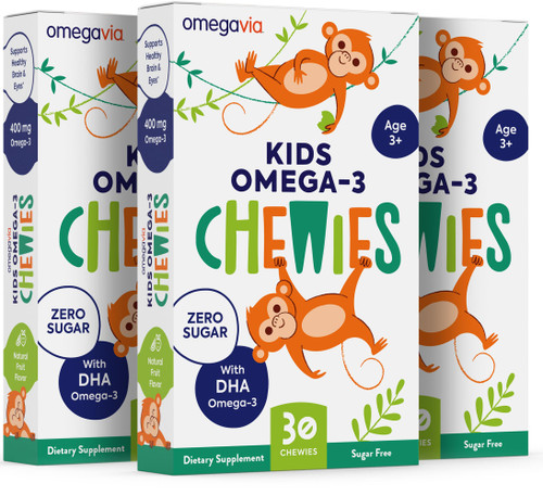 OmegaVia Omega 3 Chewies, Daily DHA Chewable Vitamins for Kids, Omega 3 for Ages 3-12 to Support Brain & Eye Health, Sugar-Free Natural Fruit Flavor, Omega 3 Fish Oil (3 Pack, 90 Chewies)