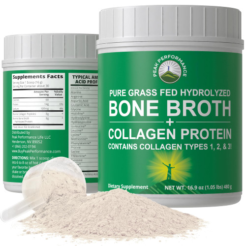 Peak Performance Hydrolyzed Bone Broth + Collagen Unflavored Protein Peptides Powder - Contains All Collagen Types: 1, 2, and 3 - Pure Pasture Raised Grass Fed, Paleo Friendly, Gluten + Dairy Free