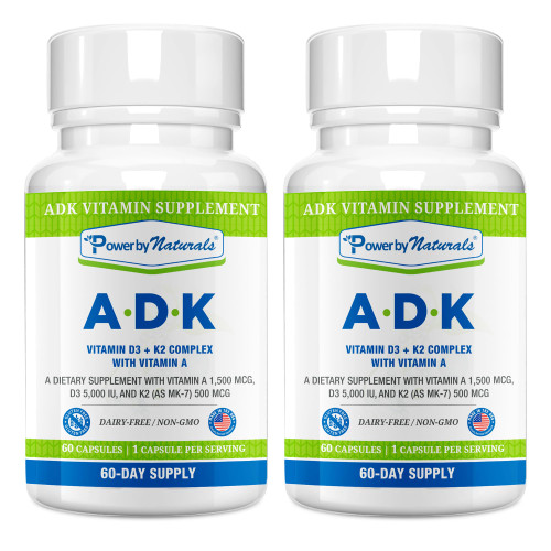 Power By Naturals ADK Vitamin Supplement – Vitamins A, D3 & K2 MK-7 for Bone Health & Calcium Absorption – Gluten-Free, Soy-Free – 120 Capsules, 2-Pack (4-Month Supply)
