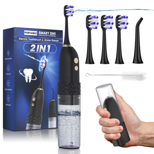 Electric Toothbrush with Water flosser, 2 in 1 Teeth Cleaning Kit, Toothbrush and Water flosser Combo, 25 - Day Battery, Travel Toothbrush with Water Bottle(Black)