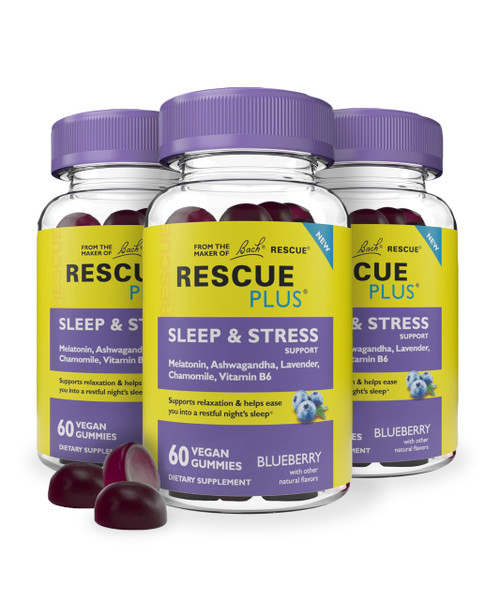 RESCUE Bach Plus Sleep & Stress Support Gummies, Nighttime Dietary Supplement with 1mg Melatonin, Ashwagandha, Chamomile, Lavender & Vitamin B6, Natural Blueberry Flavor, Vegan & Gluten-Free, 3 Pack,
