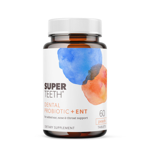 SuperTeeth Oral Probiotics for Mouth Bad Breath & Cavities with ENT Support, Dental Probiotic with BLIS K12 & M18 for Oral Microbiome Sinus, Throat & Immune Health, 60 Natural Peach Chewable Tablets