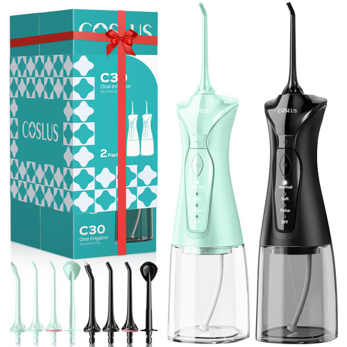 COSLUS 2-Pack C30 Water Flosser for Teeth: Water Dental Pick Set with Refined Packaging for Couples Friends, 3 Modes & 8 DIY Levels for Sensitive Gums & Braces, Ideal for Family Sharing, Black & Green