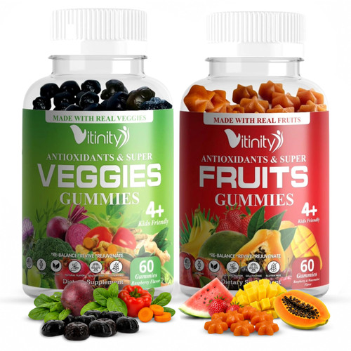 VITINITY Fruit and Veggies Supplement Gummies – Greens Gummies with Real Fruits & Vegetables – Vegan Fruit Gummies & Super Greens Gummies for Adults & Kids, 60 Count (30 Day Supply)