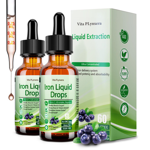 2 Pack Liquid Iron Supplement for Women Men & Kids, Vegan Iron Drops with Vitamin C D, B12, B-Complex, High Potency Liquid with Multivitamin for Anemia, Energy Support, Magnesium Iron Gentle