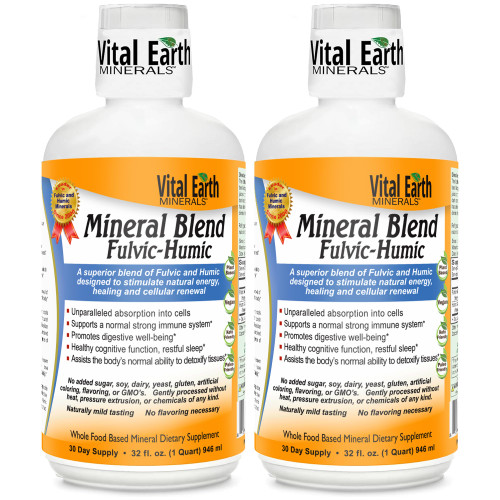 Vital Earth Minerals Fulvic Humic Mineral Blend Liquid 2-Pack – Fulvic Acid Supplement with 70+ Trace Minerals, Electrolytes for Recovery, Balance & Energy, 32 Oz Ea + 1 Oz Cup Ea