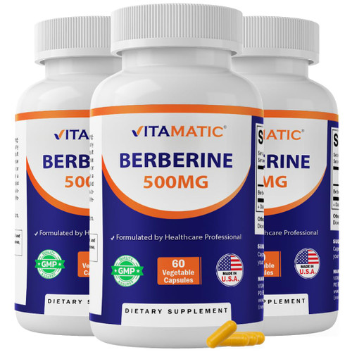 Vitamatic Berberine Supplement 500mg - 60 Vegetable Capsules - Made in the USA - Gluten Free - Non-GMO (3 Bottles)