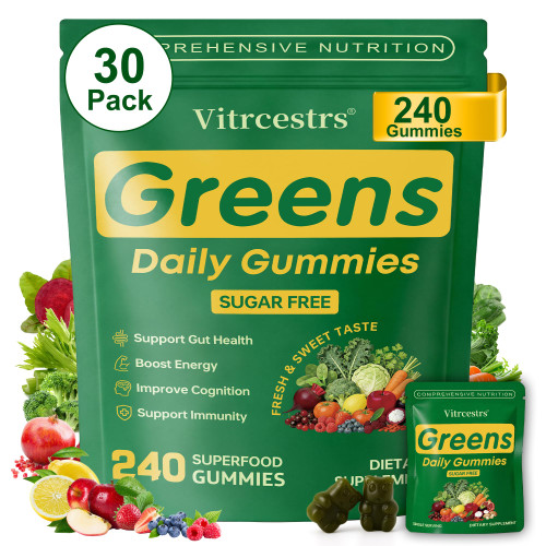 Greens Daily Gummies Sugar Free Super Greens Gummies for Adults Superfood Multivitamin Gummy with Spirulina, Chlorella, Prebiotic Fiber, Adaptogens, Fruit Veggie for Digestive & Gut Health, 240 Count