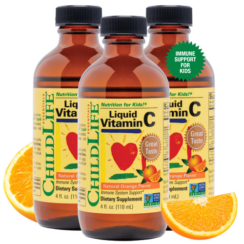 CHILDLIFE ESSENTIALS Liquid Vitamin C - Pure Vitamin C Liquid Supplement for Kids, Toddlers, & Babies, Immune System Support, Low Sugar, Natural Orange Flavor - 4 Fl Oz (Pack of 3)