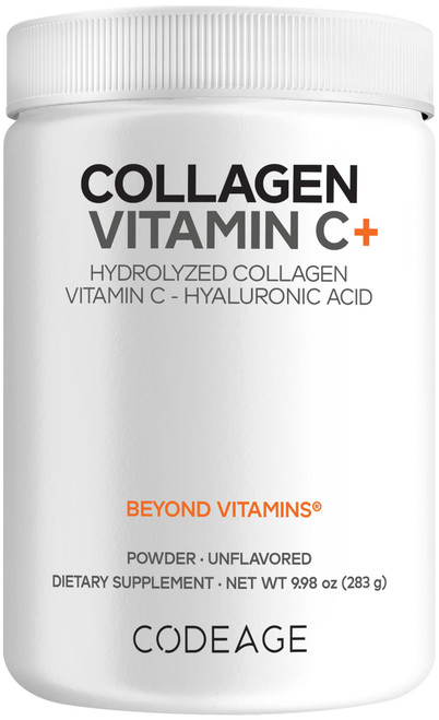 Codeage Collagen Peptides Powder + Vitamin C - 20g Grass-Fed Collagen Per Serving - Digestive Enzymes, Hyaluronic Acid, 18 Amino Acids - Hydrolyzed Collagen Protein - Non-GMO, Unflavored - 9.98 oz
