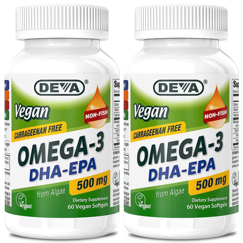DEVA Vegan Omega-3 DHA-EPA 500MG 2-Pack – No Carrageenan, Non-Fish Oil Derived from Algae, Non-GMO, 60 Gelatin-Free Softgels Ea