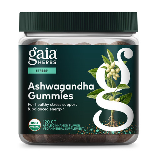 Gaia Herbs Organic Ashwagandha Gummies - Stress Support* - Supports Healthy Cortisol Balance* - Made with Cinnamon & Ginger - Gluten Free & Vegan - 120 Count (40 Servings)