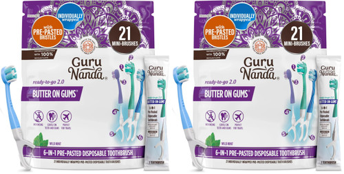 GuruNanda 6-in-1 Ready-to-Go Disposable Toothbrush, Pre-Pasted Butter on Gums Softex Bristles, Floss & Toothpick, Tongue & Cheek Cleaner, Individually Wrapped & TSA Friendly, 21 Ct (Pack of 2)