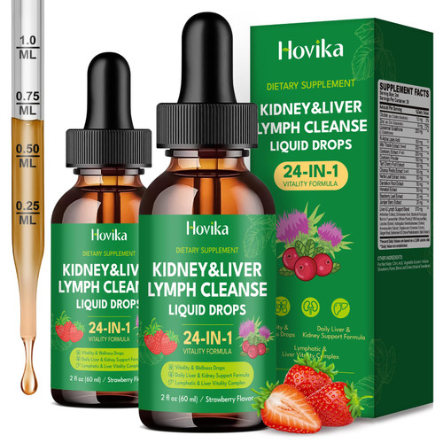 24-in-1 Kidney & Liver, Lymph Cleanse Detox & Repair Drops, Three Immune Formula with Cranberry, Milk Thistle, Vegan Urinary Tract & Lymphatic Drainage & Liver Repair | Strawberry Flavor, 2 Pack
