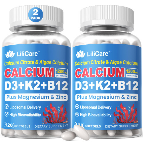 Calcium 1200 mg with Vitamin D3 K2 5000 IU Softgels Supplement for Women Men - Liposomal Calcium Citrate & Algae Calcium Magnesium Zinc + D3 K2 B12, Plant-Based Vegan Vitamin D, Boron for Bone, 2 Pack