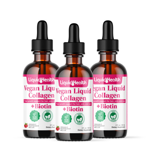 LIQUIDHEALTH 100% Vegan Collagen Plus Biotin 100,000mcg Liquid Drops - Plant-Based Liquid Collagen for Women & Men - Hair & Nail Growth, Skin Health, Boosts Metabolism - Made in USA, Non-GMO (3 Pack)