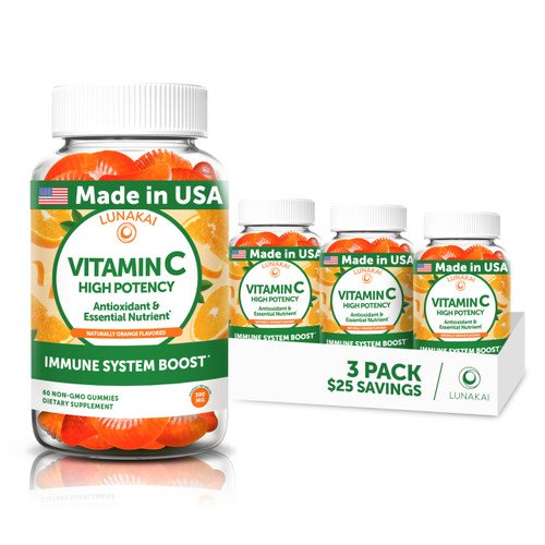 Lunakai USA Made High Potency Vitamin C Gummies for Adults and Kids - 300mg Immune Support - Non-GMO, Vegan, Delicious Orange Flavor, 3 Pack