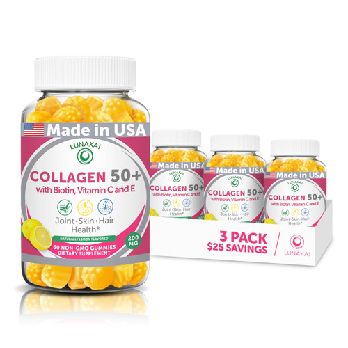 Lunakai USA Made Collagen Gummies for Women & Men Over 50, Biotin & Vitamin C, Supports Skin Elasticity, Hair & Nail Strength, Joint Support - 3 Pack