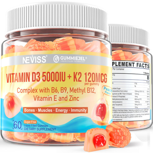 Vitamin D3 5000IU + K2 (MK-7) 120mcg, Sugar-Free GLP-1 Friendly Vitamin D3 K2 Gummies with Vitamin B Complex -Methyl B12, B9, B6 | Vit E & Zinc, MCT Oil - Supports Bone & Teeth Strength, Immune, 1Pack