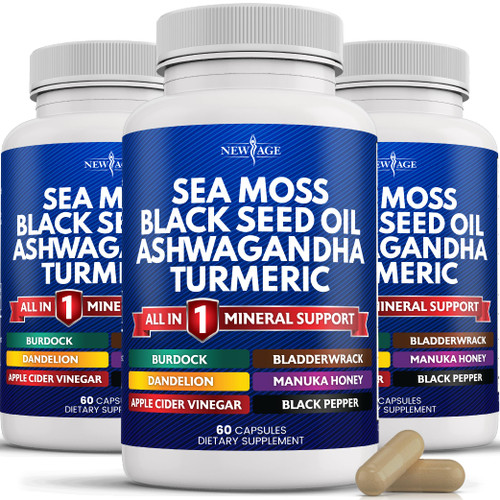 NEW AGE Silica Sea Moss, Black Seed Oil, Ashwagandha, Turmeric, Bladderwrack, Burdock - with Manuka, Honey Dandelion, ACV Black Pepper Gluten Free