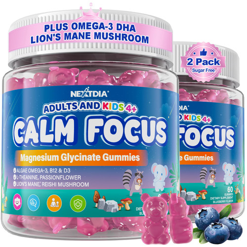 Magnesium Glycinate 400mg for Kids & Adults, Calm Sleep & Focus Gummies + Omega-3 DHA/EPA, Lion's Mane, Vitamins D3 & B12 for Relaxation, Attention & Concentration, Melatonin Free, Sugar Free, 120Cts