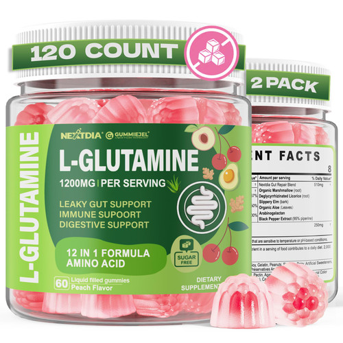 L-Glutamine 1200mg Gummies, GLP-1 Friendly, for Gut & Immune Support, Leaky Gut Repair with Akk Probiotic, Slippery Elm, Marshmallow Root, Ginger, Aloe, Vitamin C D3, Zinc, Sugar-Free, 120 Cts