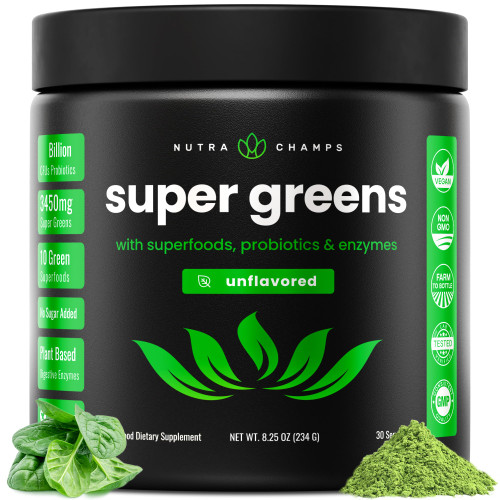 NutraChamps Super Greens Powder Premium Superfood | 20+ Organic Green Veggie Whole Foods | Wheat Grass, Spirulina, Chlorella | Antioxidant, Digestive Enzyme & Probiotic Blends (9.0 Oz, Unflavored)