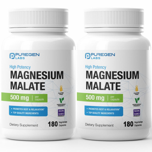 Puregen Labs Magnesium Malate 500mg | High Potency Elemental Magnesium | Total 360 Veggie Caps, Superior Absorption, Non-GMO, NO Gluten and Dairy, Gentle on Stomach