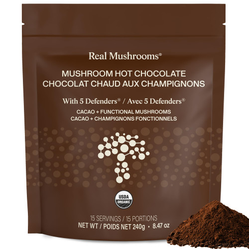 Real Mushrooms Organic Hot Chocolate Mix with Reishi, Turkey Tail, Chaga, Shiitake, Maitake – Cacao Powder Organic Mushroom– 5 Defenders Mushroom Cacao Powder, Vegan, Gluten-Free, 15 Servings