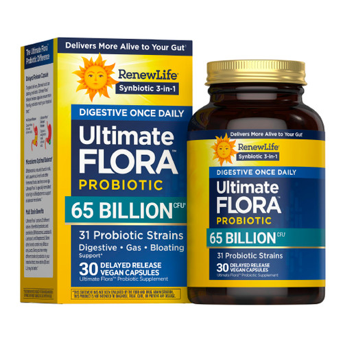 Renew Life Digestive Ultimate Flora Probiotics 65,000,000,000 CFU Delayed Release Vegan Capsules | Once Daily | Digestive Health | Immune Health | Dairy Free | 30 Count