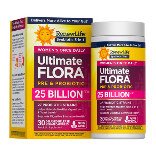 Renew Life Ultimate Flora Probiotics for Women with Prebiotics | 25 Billion CFU | 30 Delayed Release Capsules | 3 in 1 Synbiotic | Supports Digestive and Immune Health | Dairy, Soy and Gluten-Free