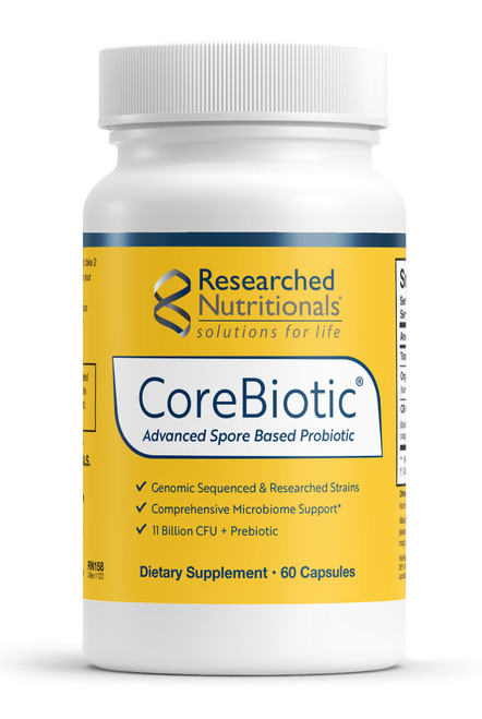 Researched Nutritionals Gut Health Supplements with Prebiotics & Probiotics for Women & Men - CoreBiotic - 3 Spore Based Probiotic Strains + Organic Prebiotic Fiber - Shelf-Stable (60 Capsules)