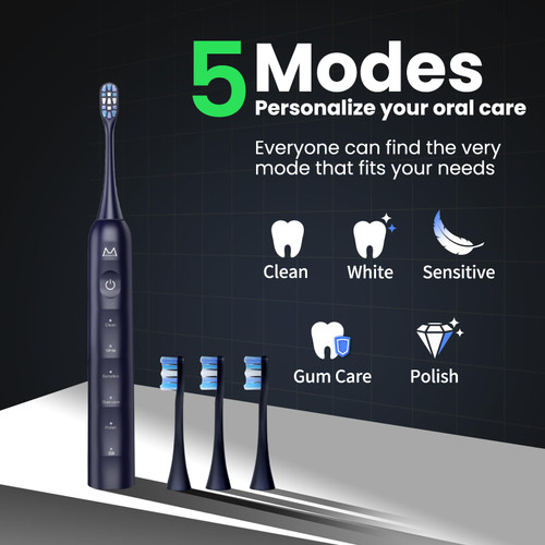 Marlincare Electric Toothbrush for Adults, Rechargeable Sonic Toothbrush with 180 Days Battery Life, 5 Modes, 48000VPM Motor, Smart Timer, IPX8 Waterproof, 4 Brush Heads and Travel Case, Black