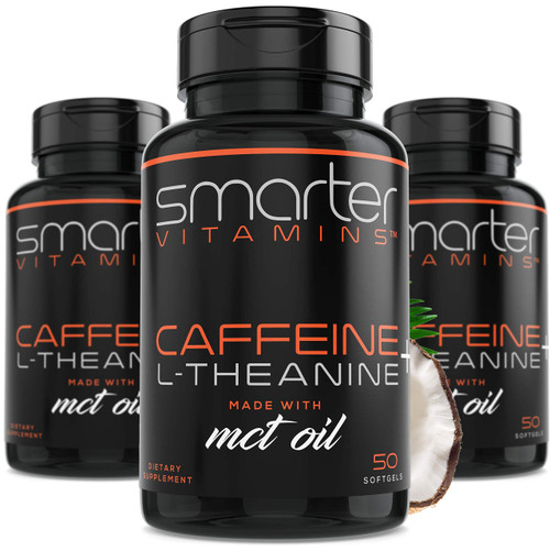 SmarterVitamins 3-Pack 200mg Caffeine Pills with 100mg L-Theanine + Coconut MCT Oil, Energy and Focus, Extended Release Capsule, 150 Liquid Softgels