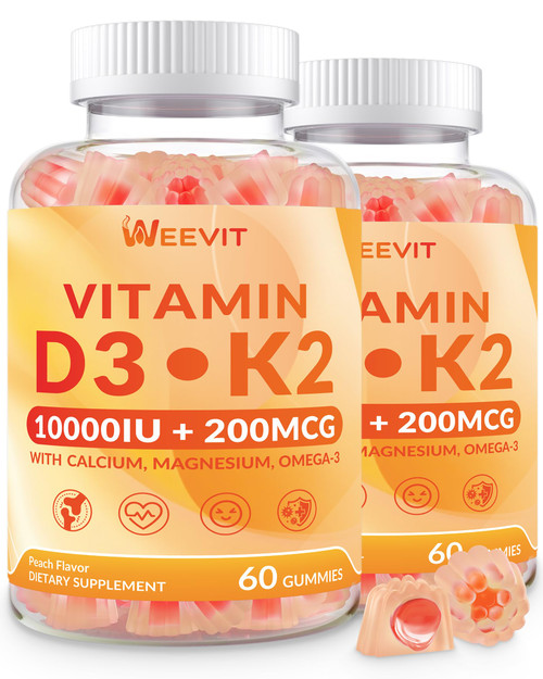 WEEVIT Vitamin D3 10000iu & K2 (as MK7) 200mcg Gummies w/Calcium, Magnesium, Omega-3, Vitamin C, B12, K2 D3 Supplement for Women & Men - Vegan, Sugar Free