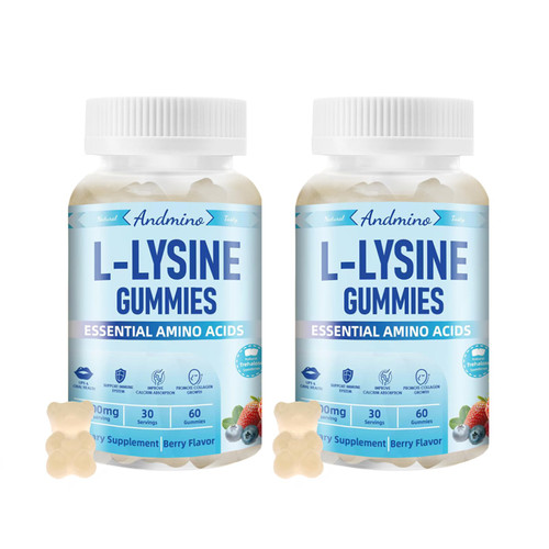 andmino L-Lysine Gummies 1000 mg, with Trehalose, L Lysine Gummies for Lips & Oral Wellness, Immune Support & Collagen & Calcium, for Adults & Kids, Non-GMO, Vegan, Gluten Free, Berry Flavor, 120