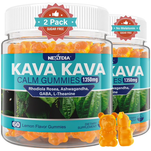 2Pack Kava Kava Gummies + Ashwagandha + L-Theanine + GABA + Rhodiola Rosea, Sugar Free Calm Gummies Melatonin-Free Kava Blend for Relaxation, Mood & Focus - Alternative to Kava Powder Capsules, Vegan