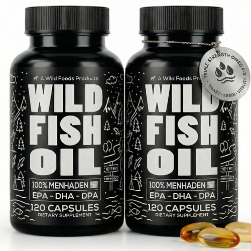 Wild Foods Omega 3 Fish Oil Supplement, 120 Capsules (2 pk) | Wild Caught, Burpless, Odorless, Non-GMO, Gluten Free | DPA, DHA, EPA Triple Strength Joint Nutrition for Women & Men