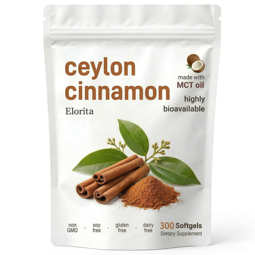 Elorita Ceylon Cinnamon Soft Gels with MCT Oil - True Ceylon Cinnamon Supplement, Non-GMO & Gluten Free, 300 Softgels (1PCS)