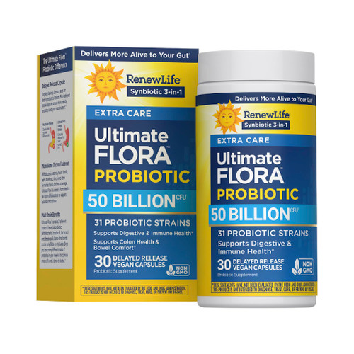Renew Life Ultimate Flora Probiotic with Prebiotic | 50 Billion CFU | 31 Probiotic Strains | 30 Delayed Release Vegan Capsules | 3-1 Synbiotic | Supports Digestive Health | Dairy, Soy and Gluten Free