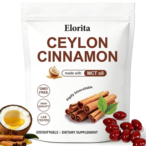 Menjint Elorita Ceylon Cinnamon Soft Gels with MCT Oil, 12:1 High Potency Extract, 300 Capsules, True Cinnamon Supplements, Highly Bioavailable Herbal Extract, Non-GMO, Gluten Free