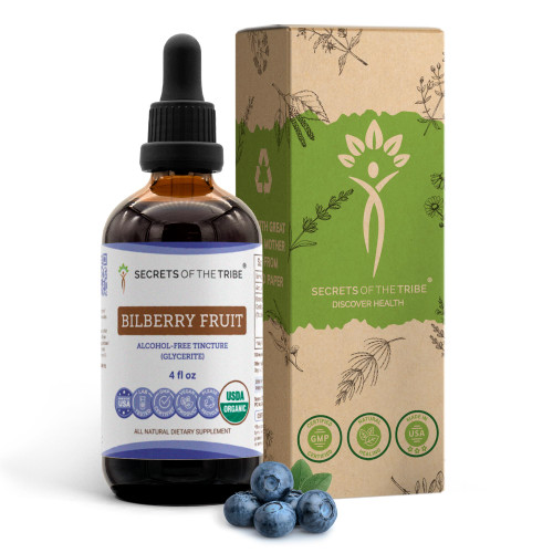 Secrets of the Tribe Bilberry Fruit USDA Organic | Alcohol-Free Extract, High-Potency Herbal Drops, Vision | Made from 100% Certified Organic Bilberry (Vaccinium Myrtillus) Dried Fruit 4 oz